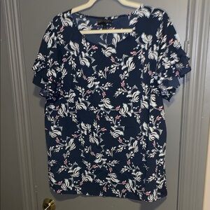 Lane Bryant Navy Floral Ruffle Sleeve Blouse
